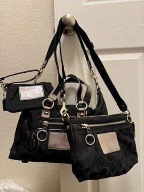 3-PC Coach Poppy Black Set: Rocker Satchel, Swingpack & Wristlet – Red Interior!